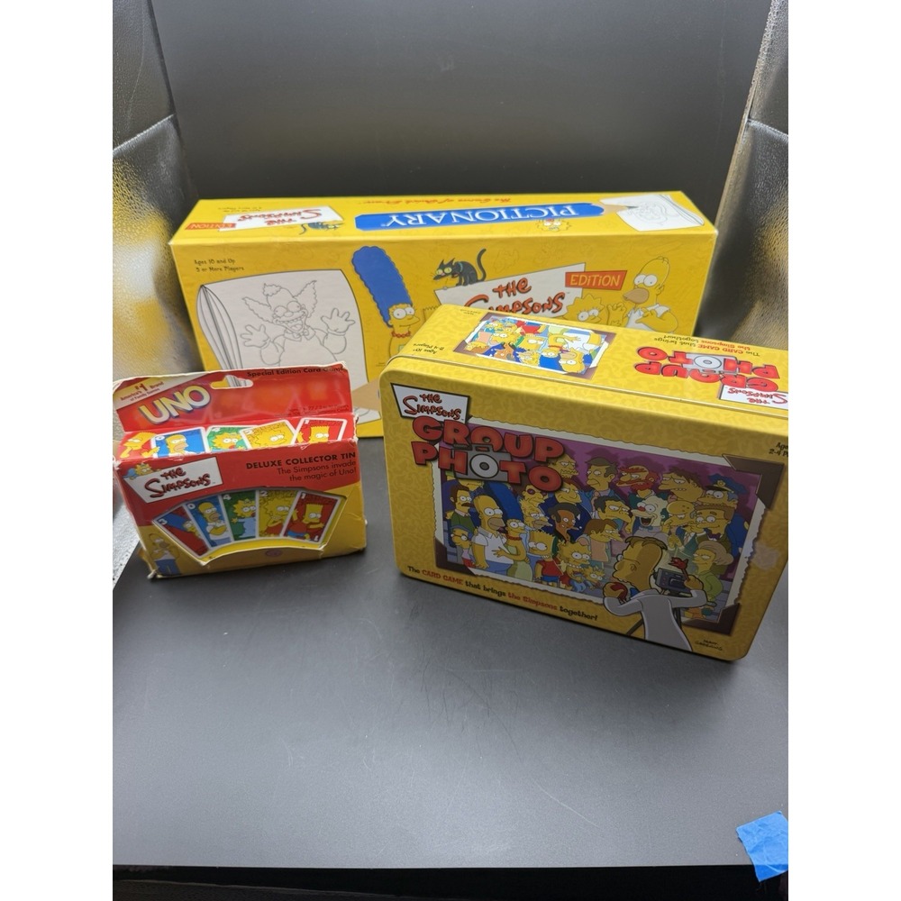 The Simpsons Game Lot of 3 UNO Collector Tin Pictionary Group Photo